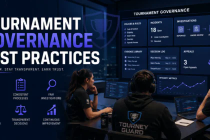 Tournament Governance Best Practices illustrated through professional esports administrators managing governance policies, investigations, decision workflows, and tournament integrity.