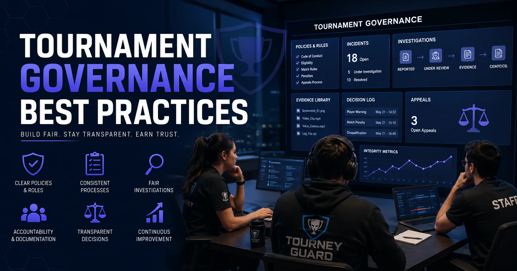 Tournament Governance Best Practices illustrated through professional esports administrators managing governance policies, investigations, decision workflows, and tournament integrity.