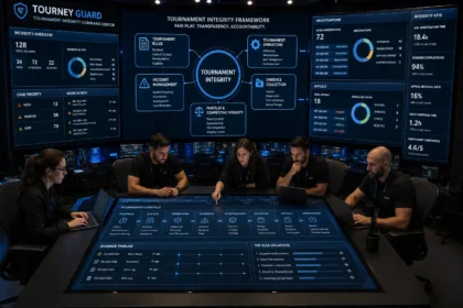 Professional esports tournament integrity guide operations center where administrators manage tournament governance, incident management, evidence collection, investigations, tournament rules, and operational KPIs through enterprise dashboards.