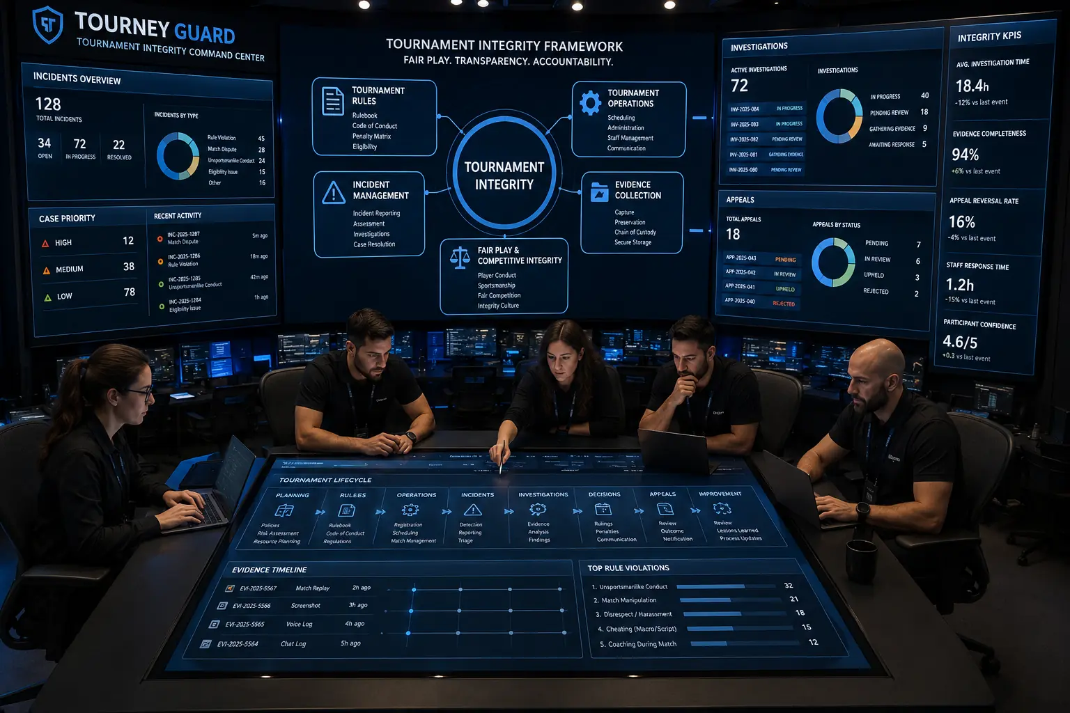 Professional esports tournament integrity guide operations center where administrators manage tournament governance, incident management, evidence collection, investigations, tournament rules, and operational KPIs through enterprise dashboards.