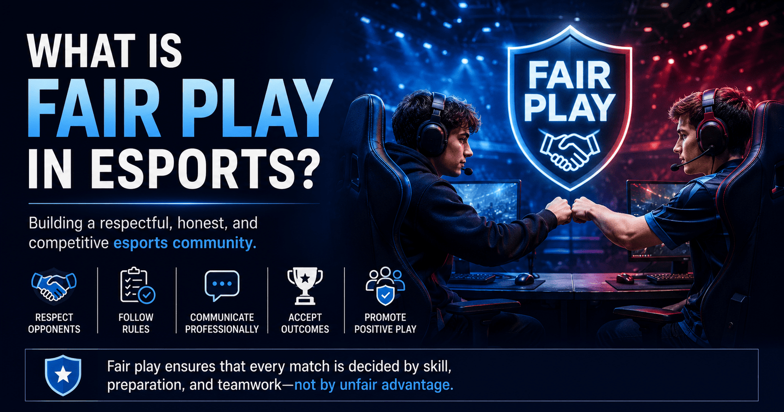 What Is Fair Play in Esports infographic illustrating respectful competition, sportsmanship, ethical player behavior, and fair tournament governance in esports.
