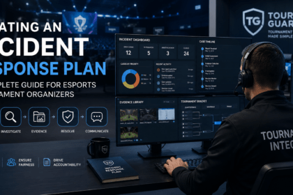 Tournament administrator managing an incident response plan using professional esports governance dashboards.