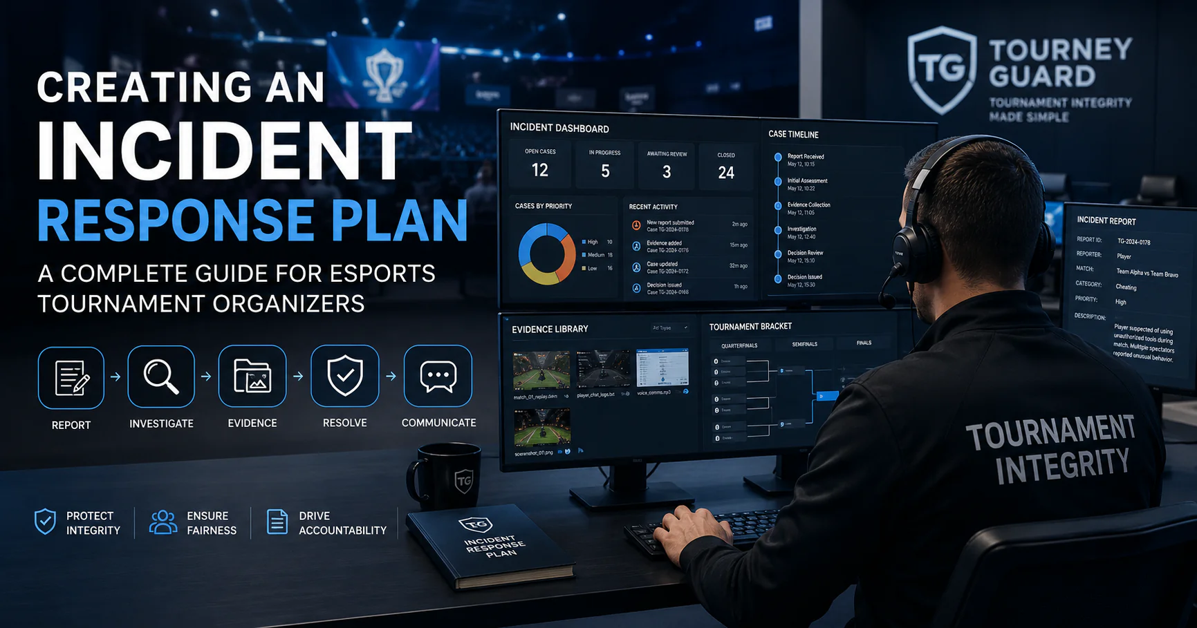 Tournament administrator managing an incident response plan using professional esports governance dashboards.
