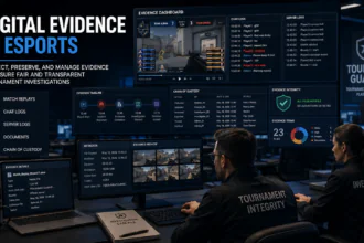 Digital Evidence in Esports dashboard showing tournament administrators reviewing match replays, server logs, chat records, and chain of custody during an esports investigation.