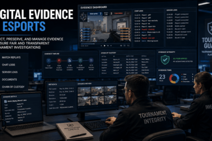 Digital Evidence in Esports dashboard showing tournament administrators reviewing match replays, server logs, chat records, and chain of custody during an esports investigation.