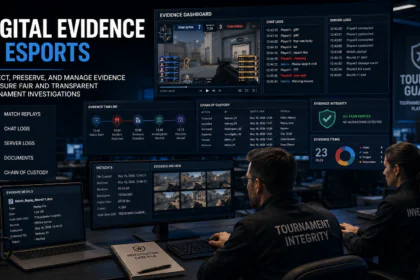 Digital Evidence in Esports dashboard showing tournament administrators reviewing match replays, server logs, chat records, and chain of custody during an esports investigation.