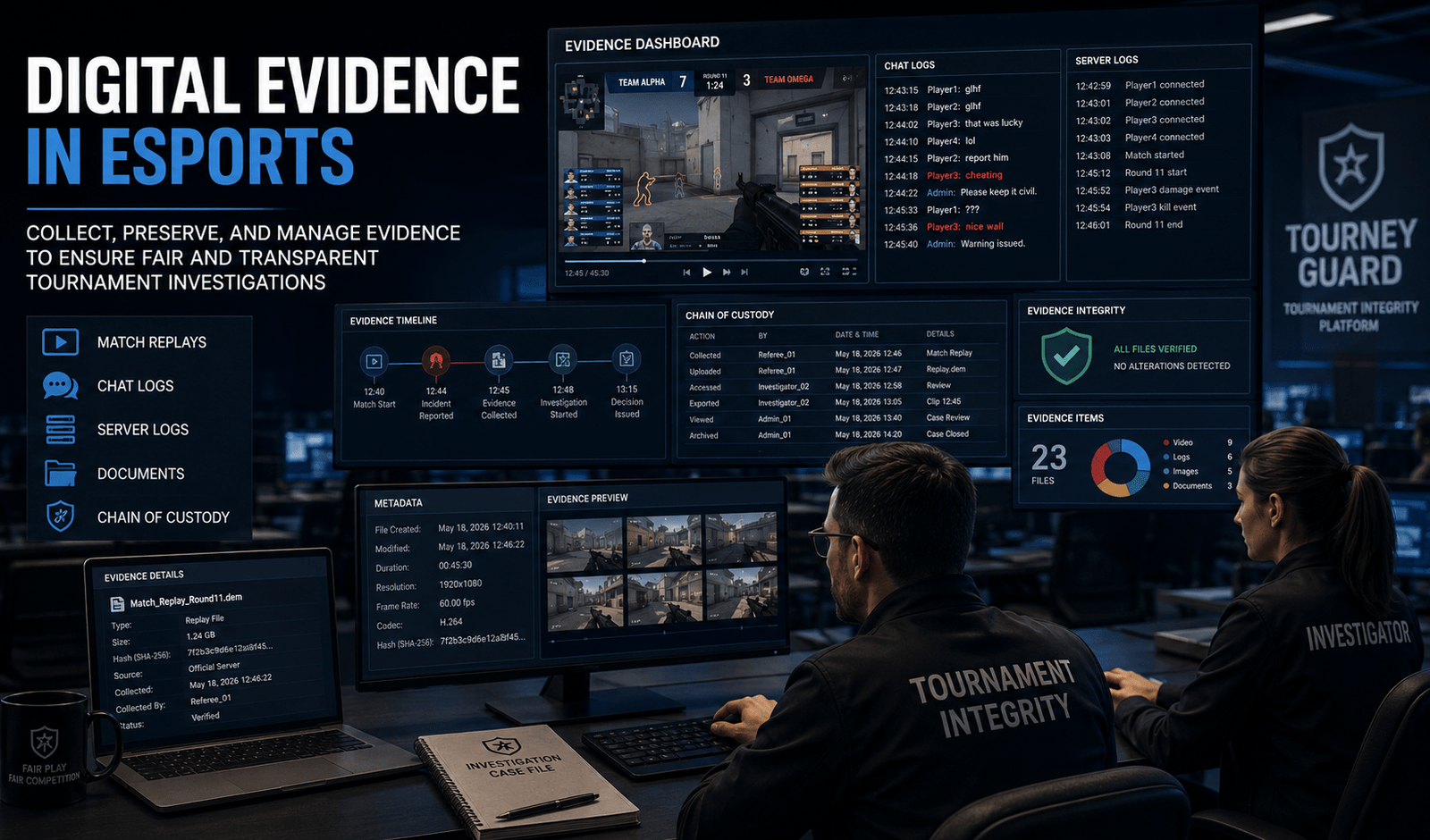 Digital Evidence in Esports dashboard showing tournament administrators reviewing match replays, server logs, chat records, and chain of custody during an esports investigation.