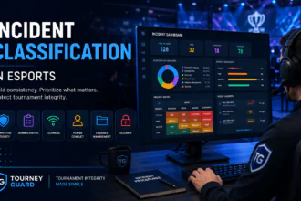 Tournament administrator reviewing an incident classification dashboard for esports tournament governance.