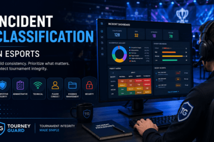 Tournament administrator reviewing an incident classification dashboard for esports tournament governance.