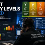Tournament administrators reviewing incident severity levels through a professional esports governance dashboard.