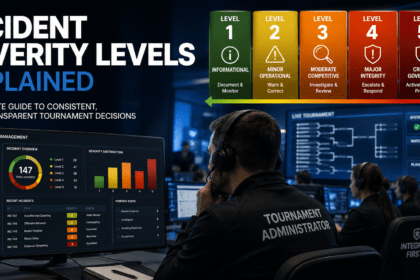 Tournament administrators reviewing incident severity levels through a professional esports governance dashboard.