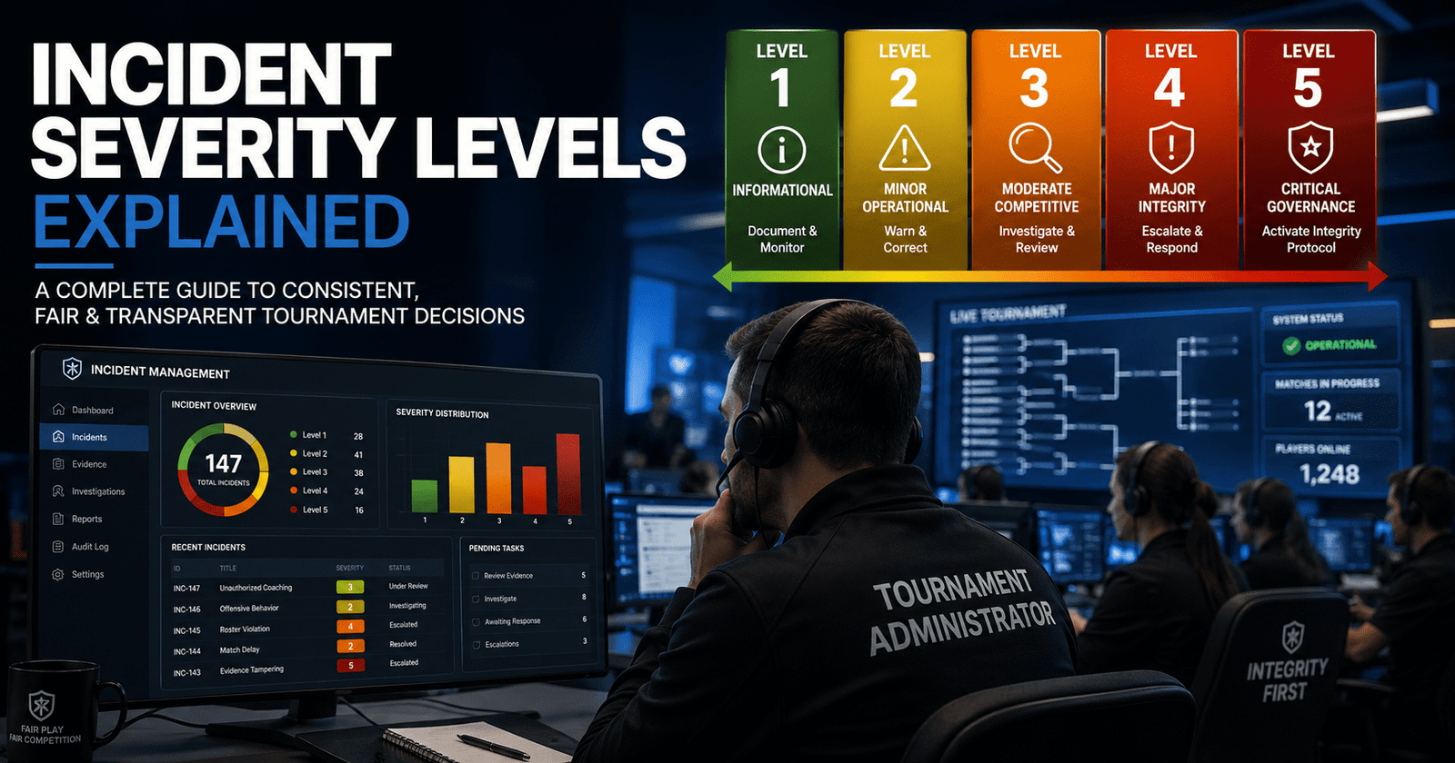 Tournament administrators reviewing incident severity levels through a professional esports governance dashboard.