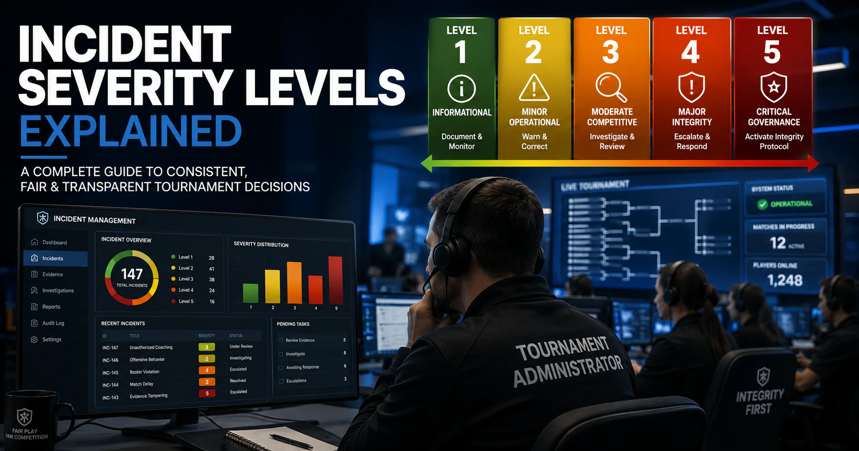 Tournament administrators reviewing incident severity levels through a professional esports governance dashboard.