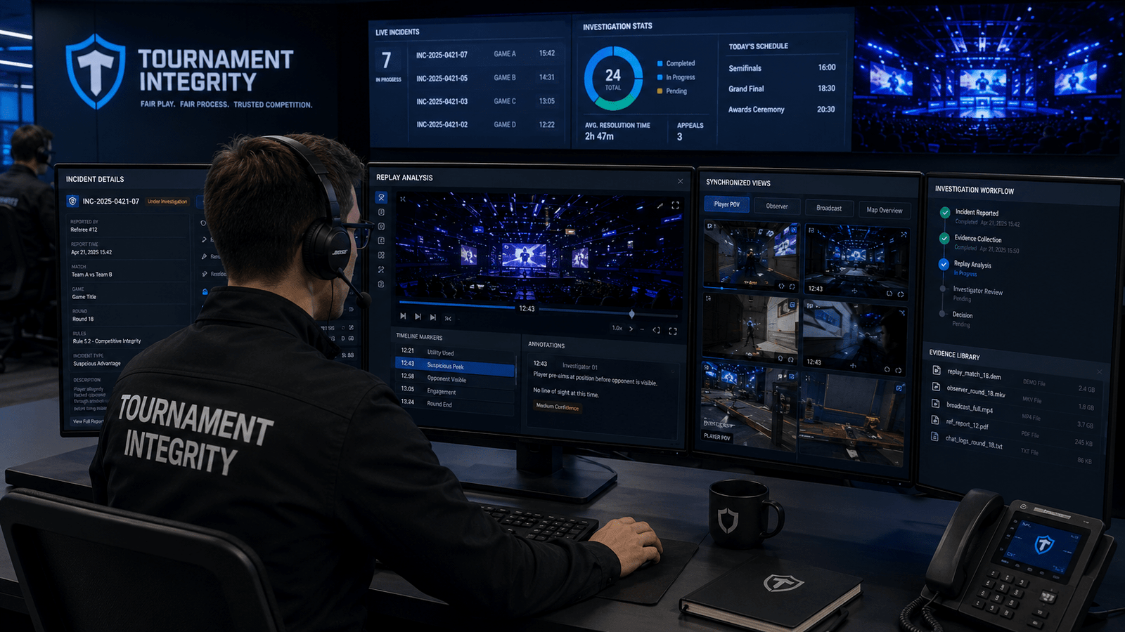 Tournament official performing professional match replay analysis during an esports investigation.