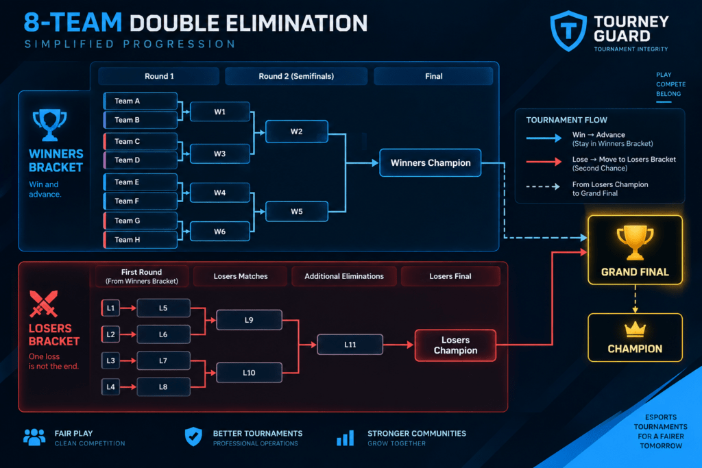 8-team double-elimination tournament simplified progression showing Winners Bracket, Losers Bracket, and Grand Final