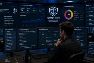 Tournament administrators reviewing an esports Code of Conduct and participant behavior policies in a professional governance center