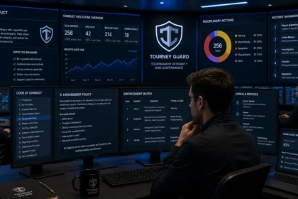 Tournament administrators reviewing an esports Code of Conduct and participant behavior policies in a professional governance center