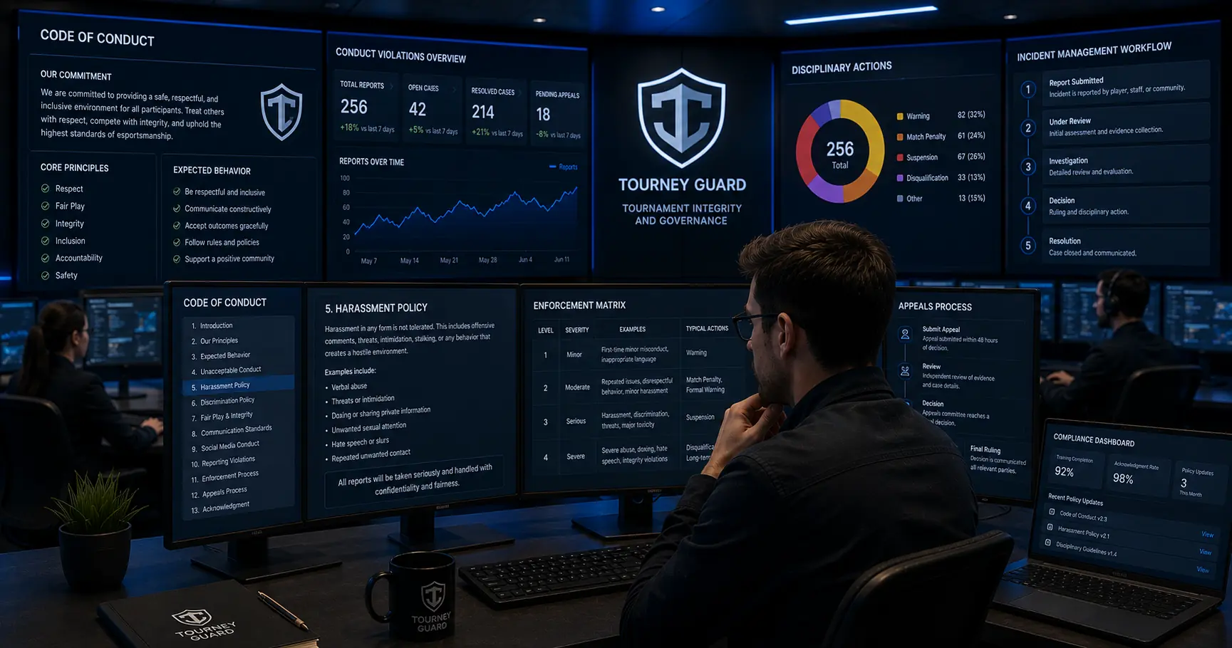 Tournament administrators reviewing an esports Code of Conduct and participant behavior policies in a professional governance center