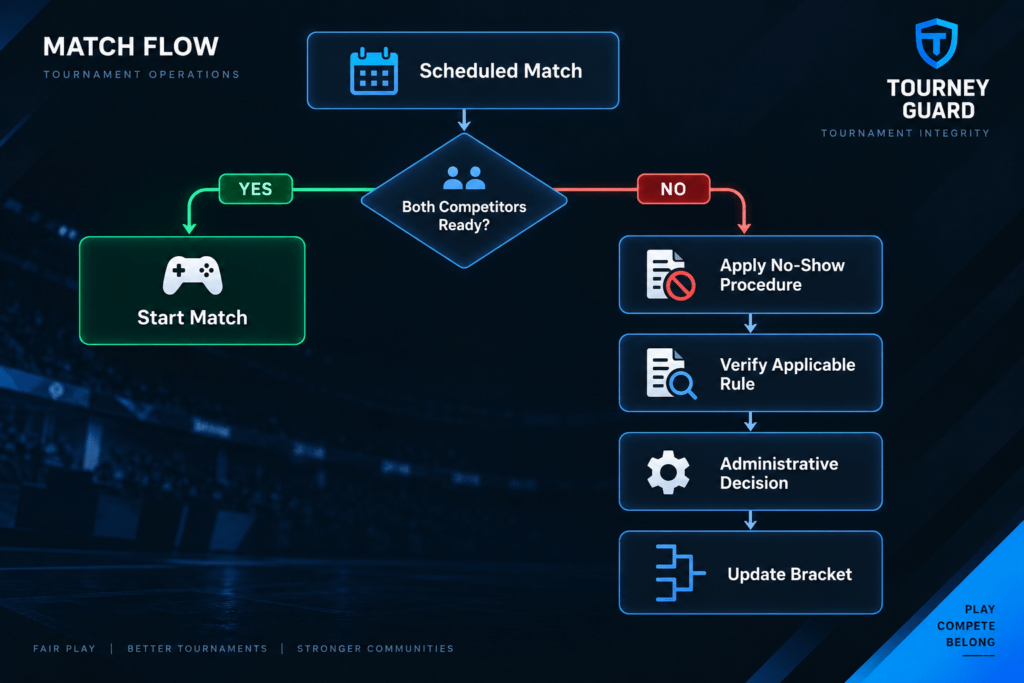 Esports tournament match flow showing competitor readiness, no-show procedure, rule verification, administrative decision, and bracket update
