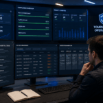 Tournament administrators managing esports tournament rules and governance procedures in a professional operations center