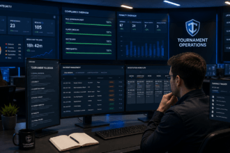 Tournament administrators managing esports tournament rules and governance procedures in a professional operations center