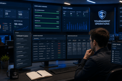 Tournament administrators managing esports tournament rules and governance procedures in a professional operations center
