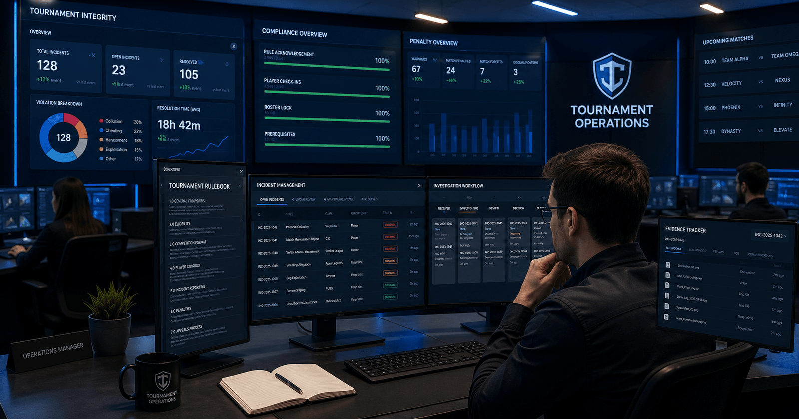 Tournament administrators managing esports tournament rules and governance procedures in a professional operations center