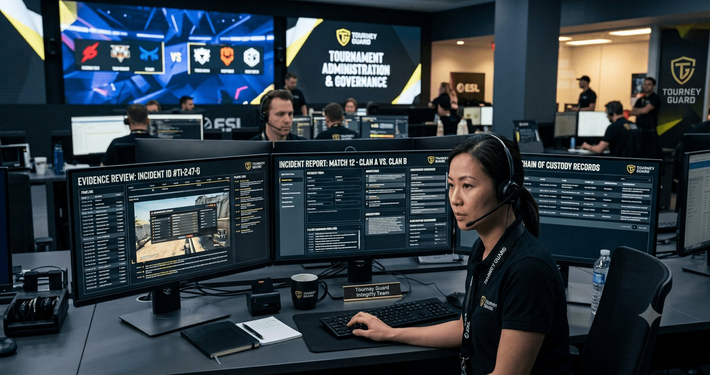 Professional esports investigator reviewing screenshot evidence using a tournament integrity management system.