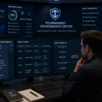 Tournament administrators reviewing a professional tournament rulebook template and governance framework in an esports operations center
