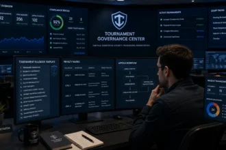 Tournament administrators reviewing a professional tournament rulebook template and governance framework in an esports operations center