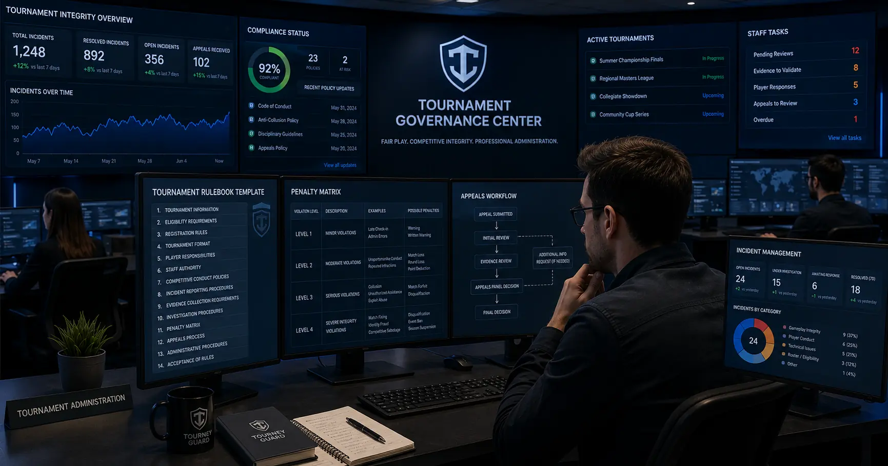 Tournament administrators reviewing a professional tournament rulebook template and governance framework in an esports operations center