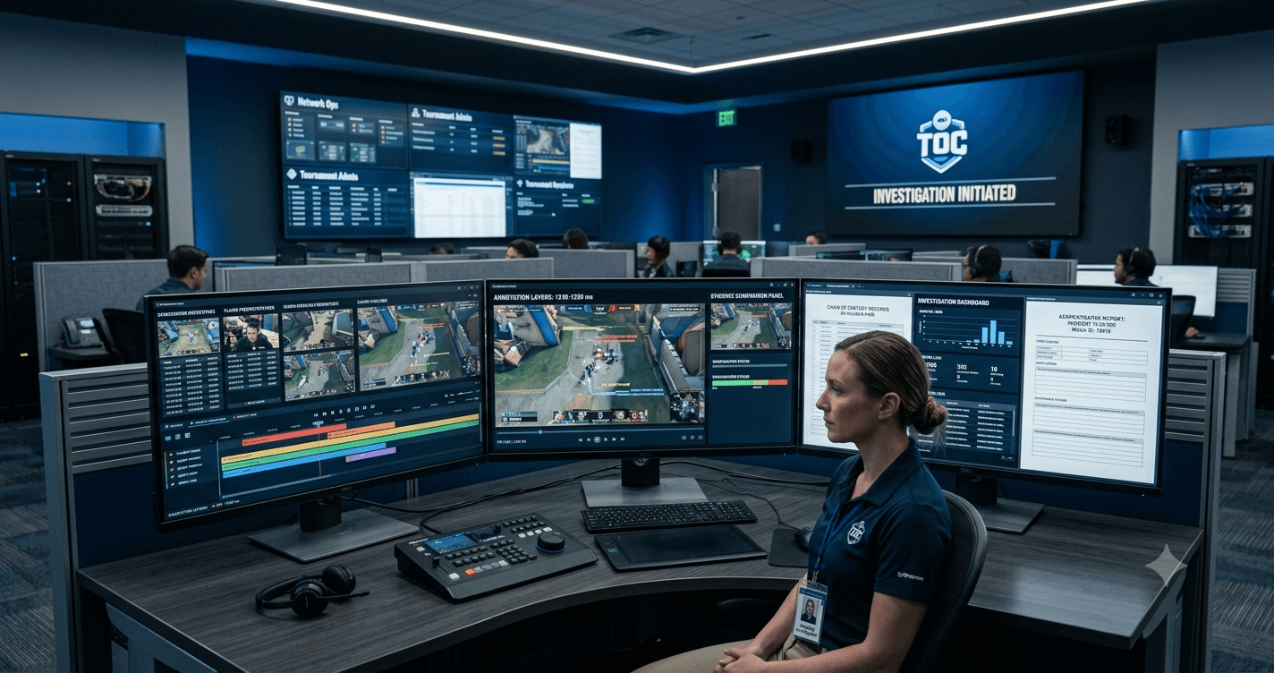 Tournament integrity investigator reviewing video evidence during an esports administrative investigation.