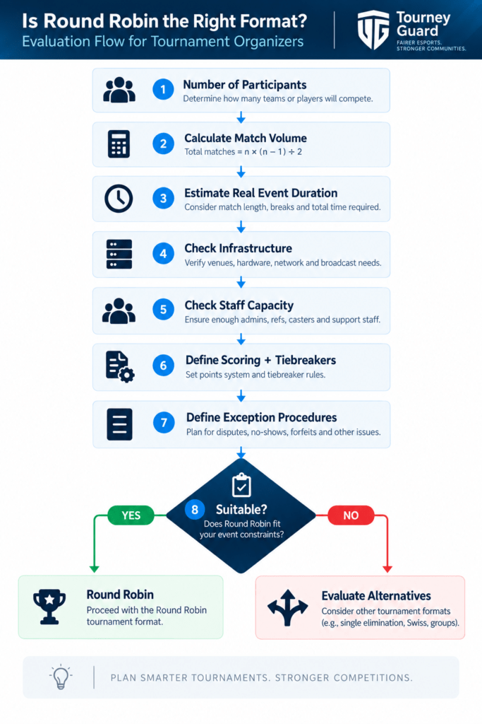Round Robin Tournament Format decision framework for evaluating tournament size, duration, infrastructure, and staff capacity