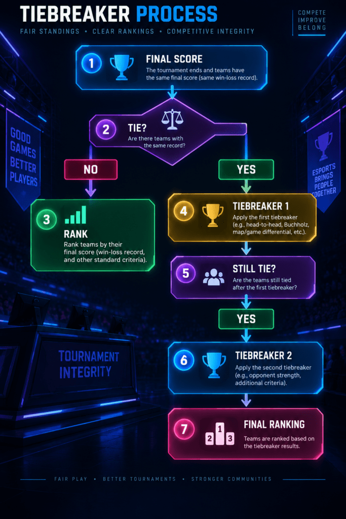 Swiss Tournament Format tiebreaker process showing final scores, tie checks, tiebreakers, and final rankings